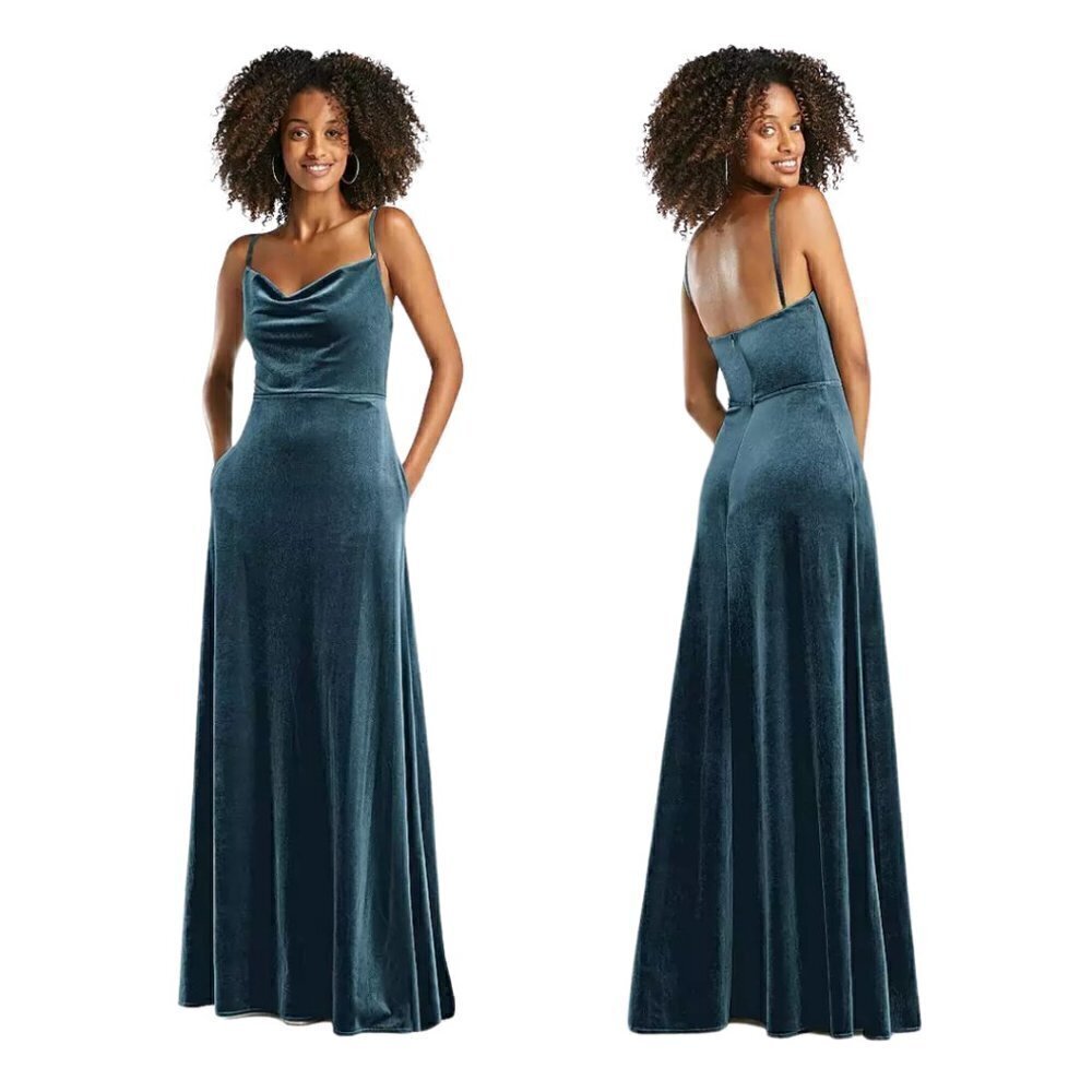 After Six NWT Cowl Neck Velvet Maxi Dress Dutch Blue 16 Pockets Prom Wedding New